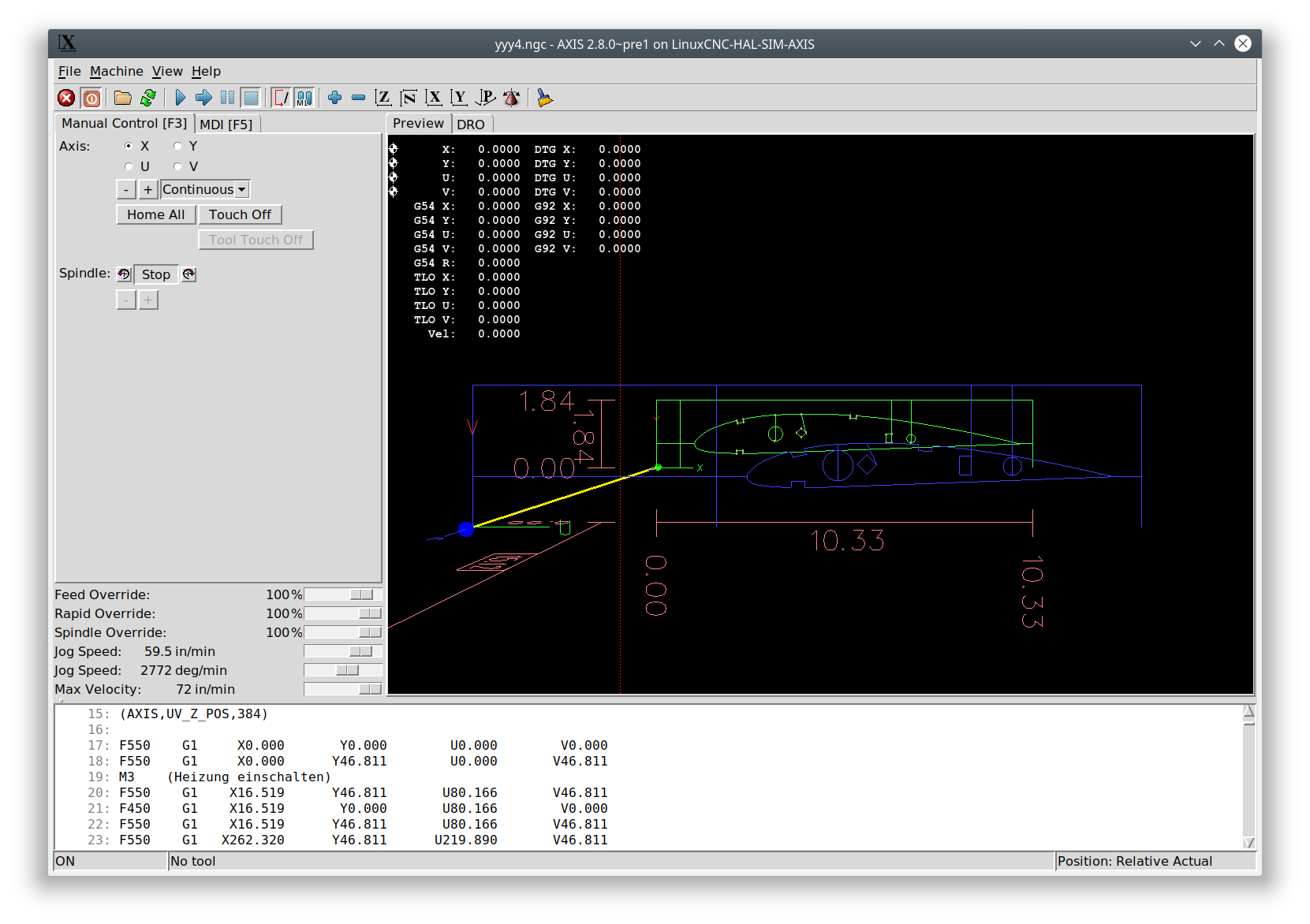 G-Code: simulation run of the exported panel under LinuxCNC